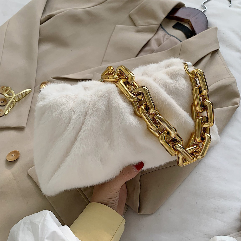 

Cloud Handbags Plush Soft Ladies Thick Chain Shoulder Underarm Bags, White, 501 Original