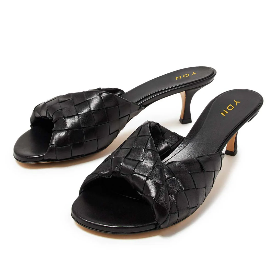 Stylish Black Round Toe Kitten Heel Woven Slip On Mules Shoes