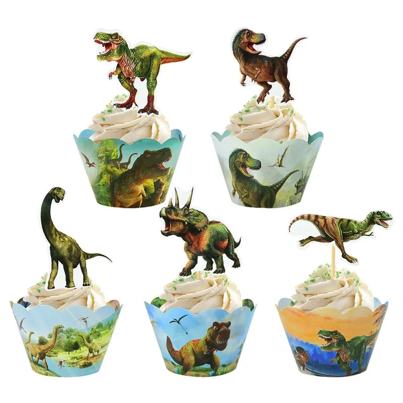 24pcs Dinosaur Cupcake Wrappers Cake Toppers Kids Dinosaur Theme Jurassic World Animal Birthday Party Cake Decoration Supplies