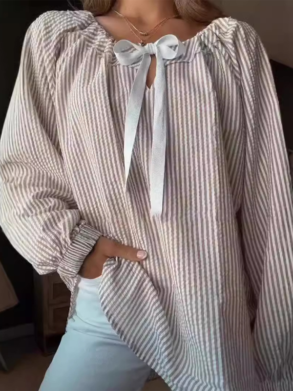 Mature Women Fashion Striped Lace-up Blouse Top