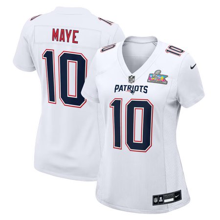 Women's New England Patriots #10 Drake Maye  White Super Bowl LX Patch Tundra Fashion Game Jersey
