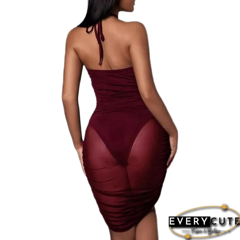 Wine Red Mesh Pleated Off the Shoulder Bodycon Dress