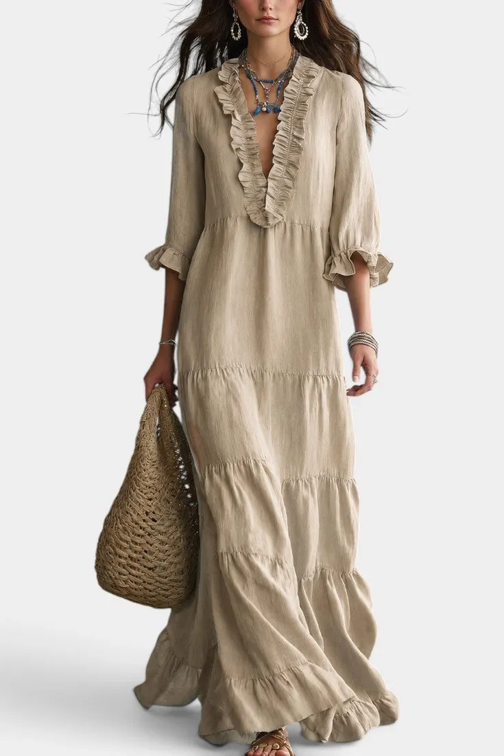 Layered Ruffle V-Neck Maxi Dress with Three-Quarter Sleeves