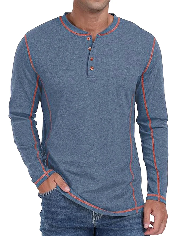 Men's Casual Solid Color Contrast Long Sleeve Four-button Henley Shirt