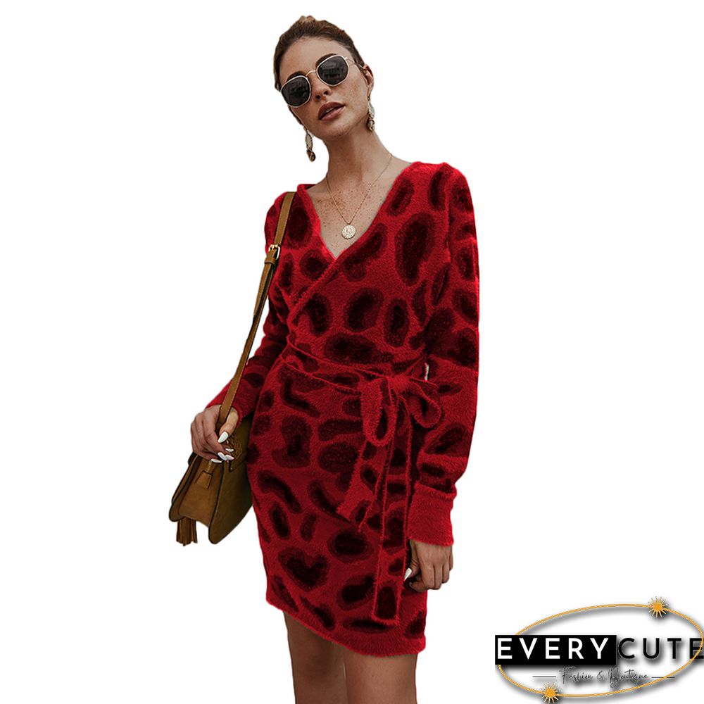 Red Leopard Print Tie Front Sweater Dress