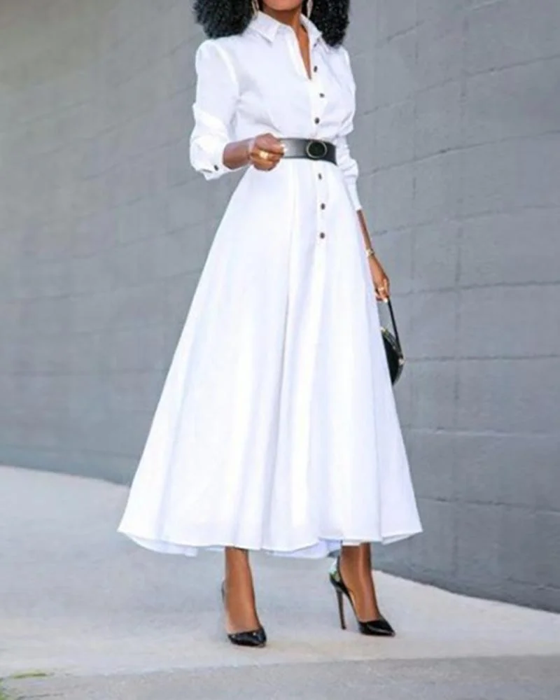 Solid Color Long Sleeve A-Line Dress