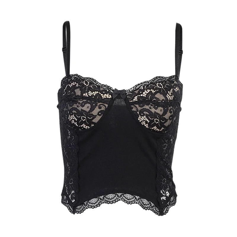 InsGoth Vintage Lace Black Camis Gothic Sexy Bra Build Bodycon Cropped Top Aesthetic Elegant Summer Basic Camisole Women Tops