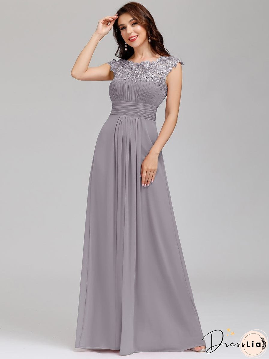 Elegant Lace Cap Sleeve Chiffon Evening Gown with Rhinestone-Embellished Neckline