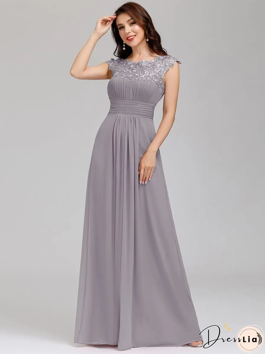 Elegant Lace Cap Sleeve Chiffon Evening Gown with Rhinestone-Embellished Neckline