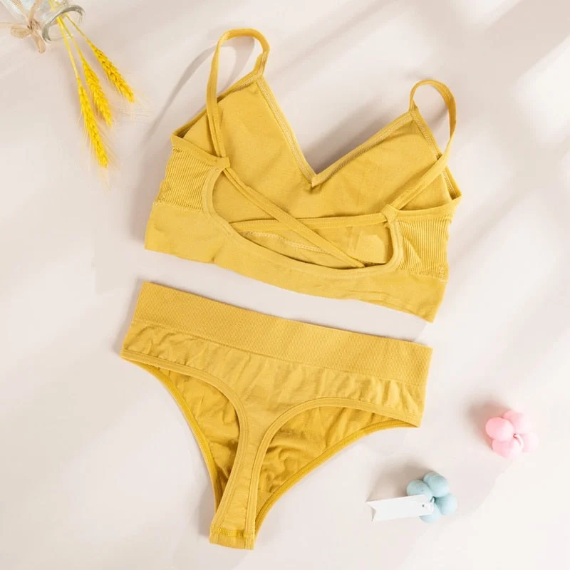 Women Bra Panties Set Sexy G-String Push Up Bra Crop Top Seamless Underwear Active Bra Thongs Female Top Lingerie Set