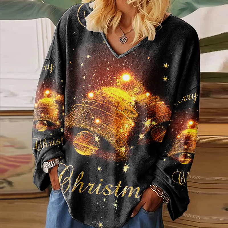 Merry Christmas Small Bell Design Women V-neck T-shirt