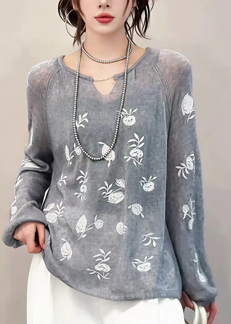 French Grey O Neck Embroidered Knit Top Fall