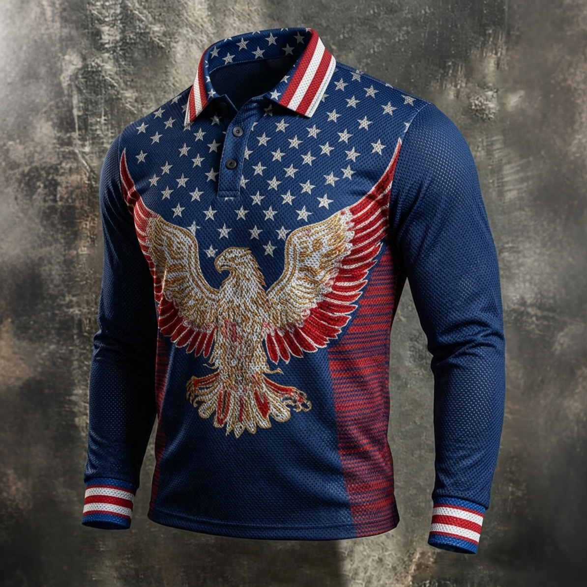  Men's Independence Day & Eagle Print  Long-sleeve Polo Shirt Westsshops