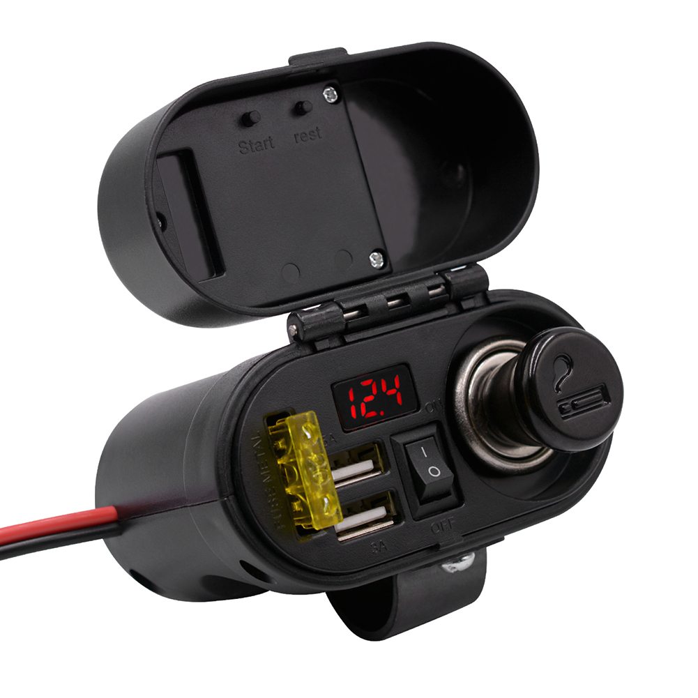 

CS-682A1 Motorcycle Dual USB Charger Adapter 12V Outlet Voltmeter Clock, 501 Original