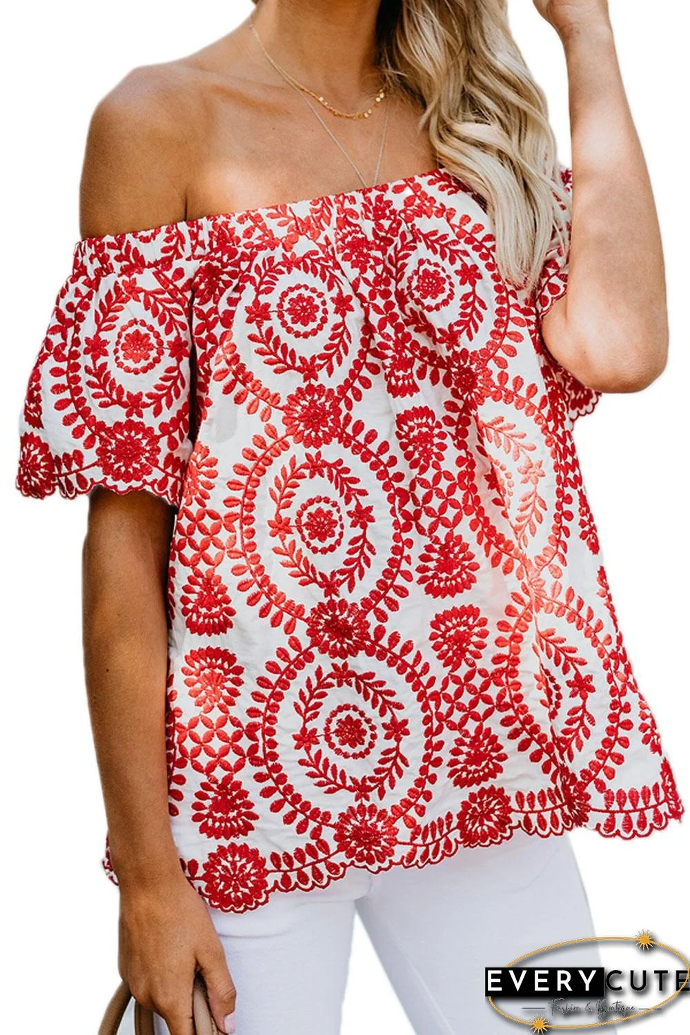 Red Off Shoulder Floral Top