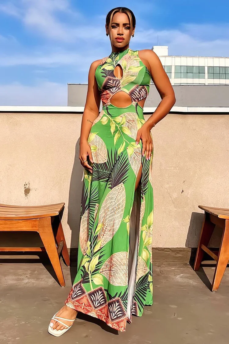 Keyhole Neck Sleeveless Slit Print Vacation Maxi Dresses-Green [Pre Order]