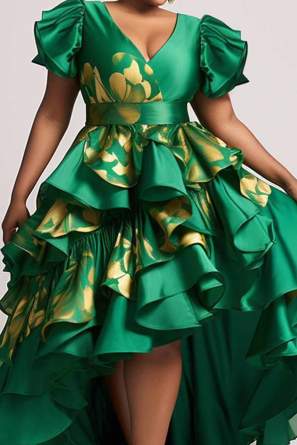 Design Plus Size Semi Formal Elegant Green Floral V Neck Petal Sleeve Short Sleeve Ruffle Satin Midi Dresses [Pre-Order]