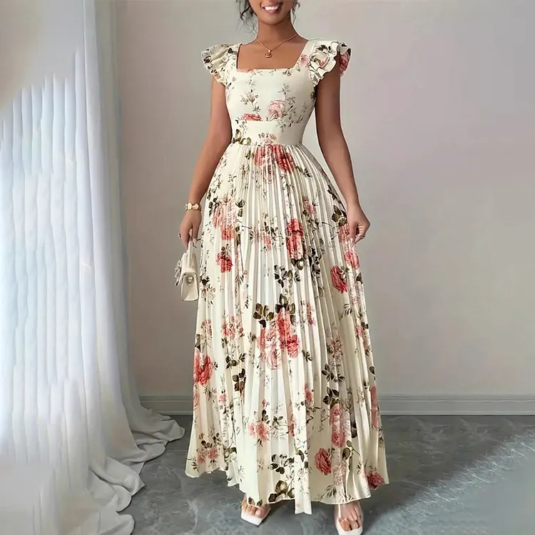 Elegant Floral Print Pleated Maxi Dress