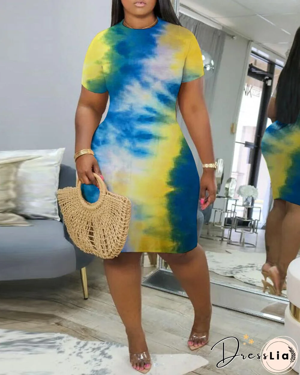 Short Sleeve O-neck Tie Dye Print T-shirt Dress