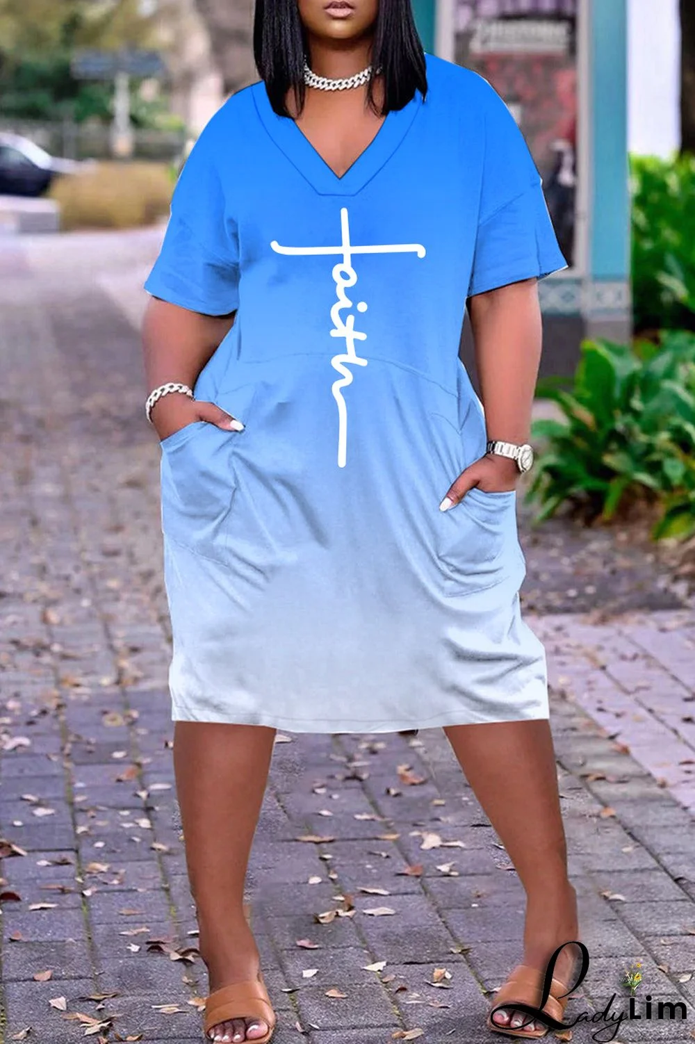 Sky Blue Casual Print Basic V Neck Short Sleeve Dress