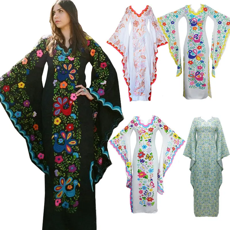 Brownm Long Bohemian Batwing Sleeve Printed Dresses