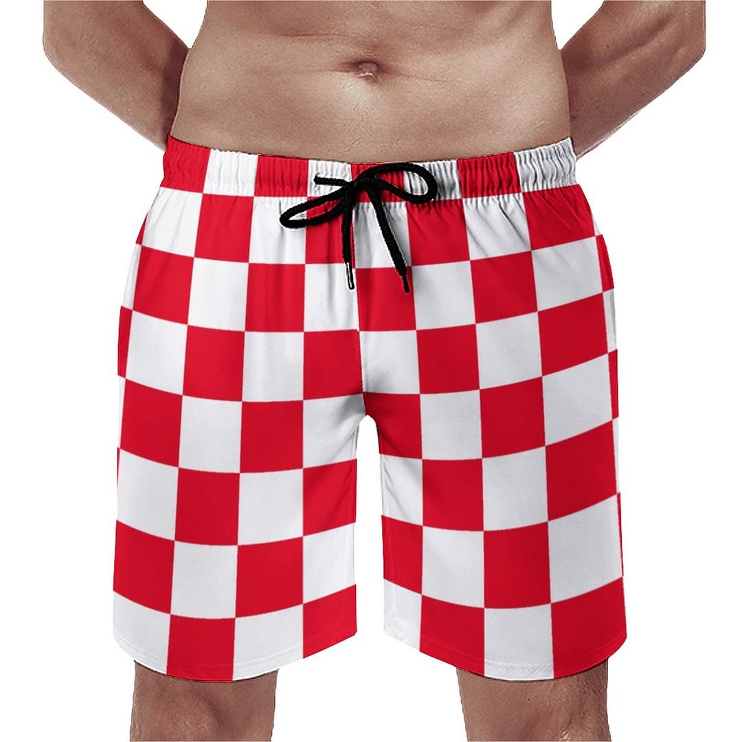 Modern Geometric Red Croatian Checkers Elegant Men's Swim Trunks Summer Board Shorts Quick Dry Beach Short with Pockets