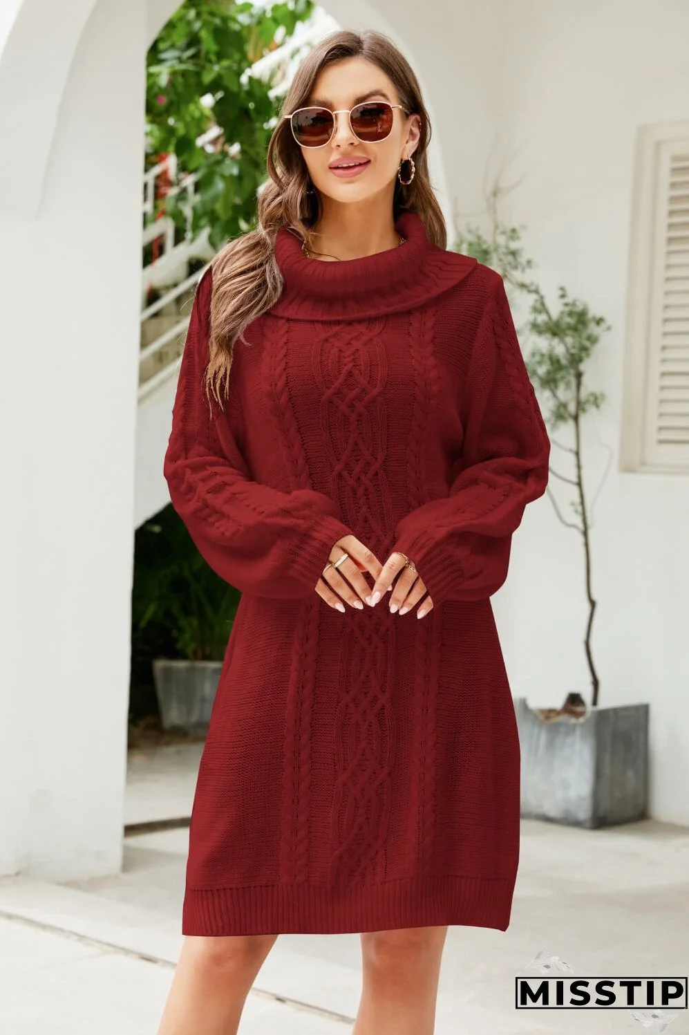 Woven Right Mixed Knit Turtleneck Lantern Sleeve Sweater Dress