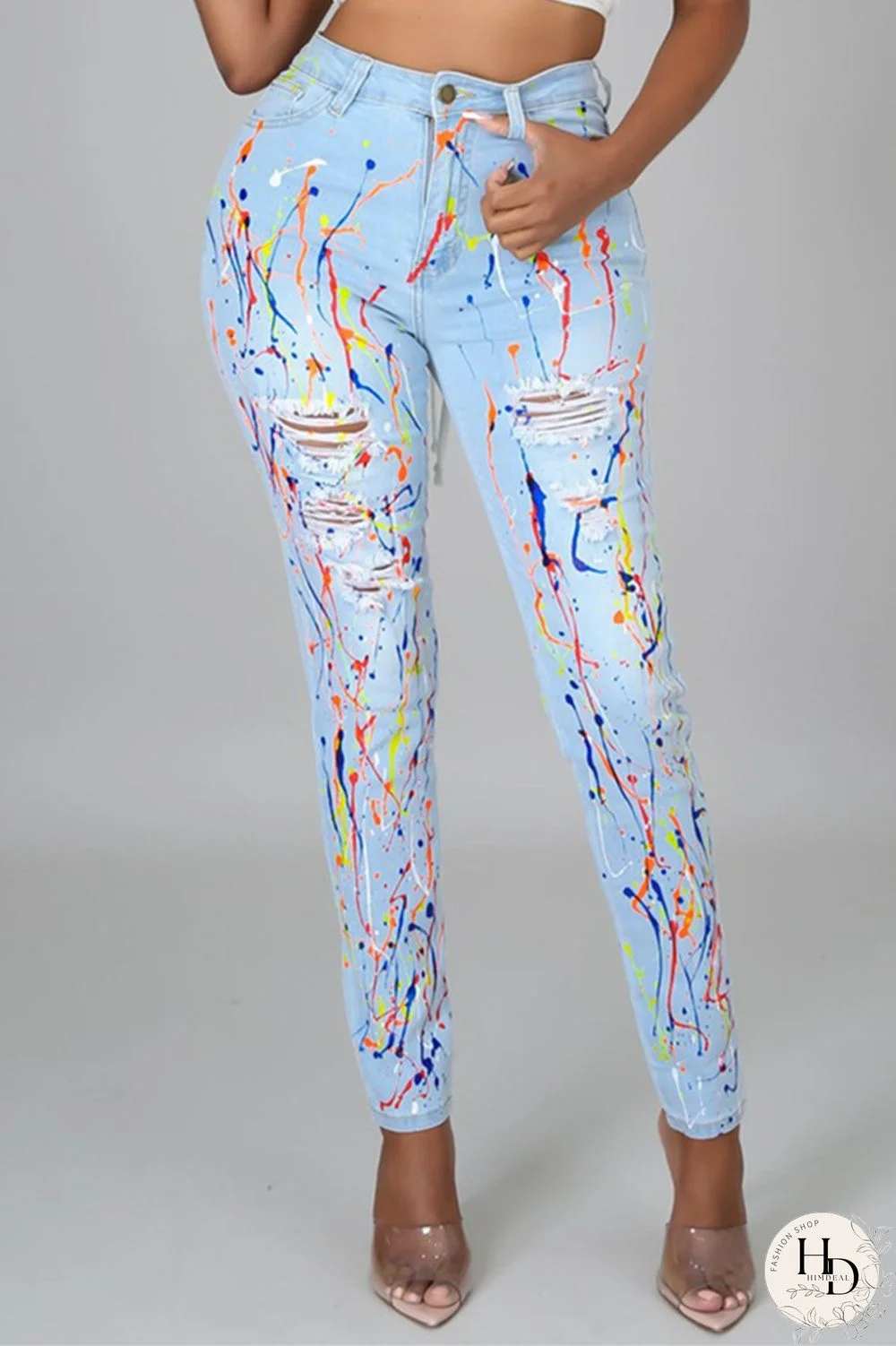 Baby Blue Fashion Casual Print Ripped High Waist Regular Jeans