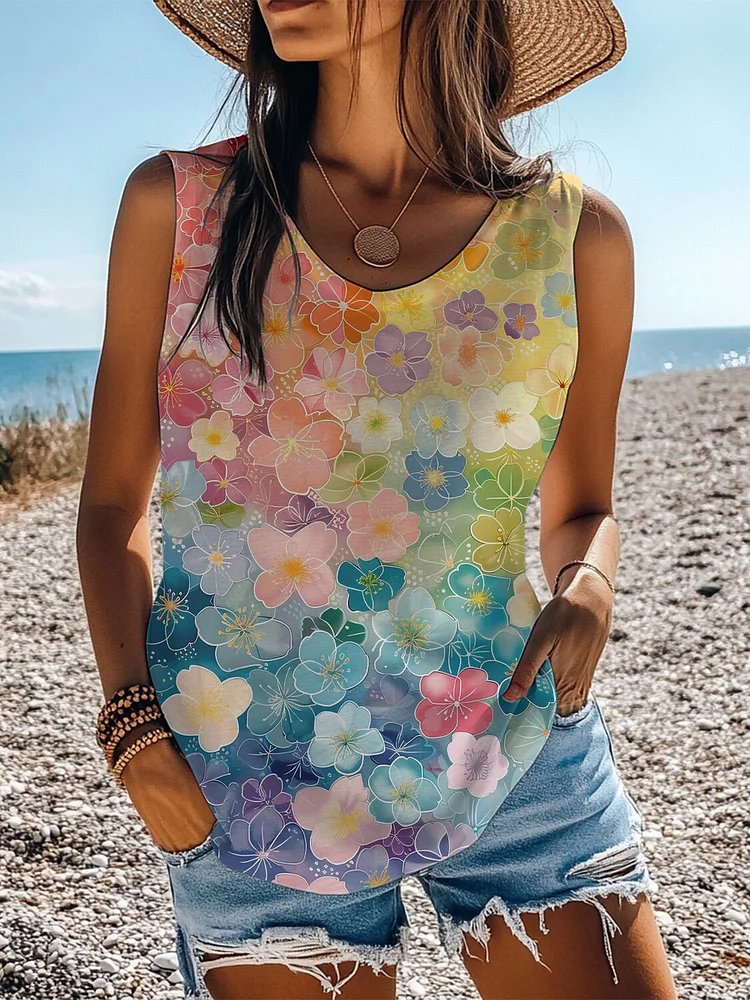 Women's Multicolor Flowers Gradient Art Print Casual Tank Top