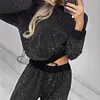 Women's Shiny Sequin Long Sleeve Round Neck Loose Top Drawstring Wide-leg Two-piece Set