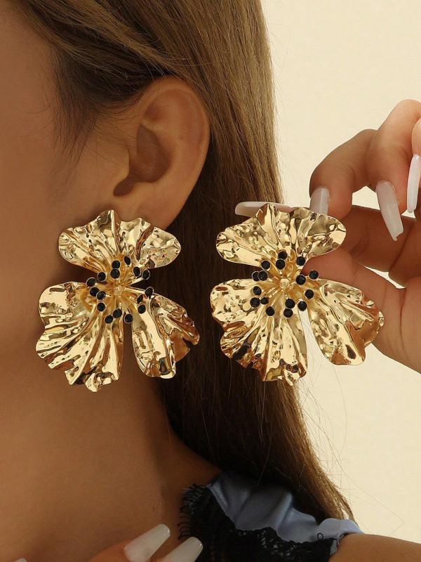 Flower Shape Drop Earrings BLACK-One_size