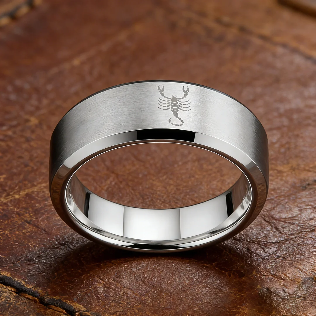 Beveled Edges Sliver Laser Etched Couple Tungsten Carbide Rings Sliver Scorpio Tungsten Wedding Band 4MM 6MM 8MM