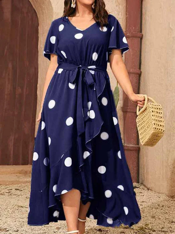 Women's Short Sleeve V-neck Polka Dot Maxi Dress