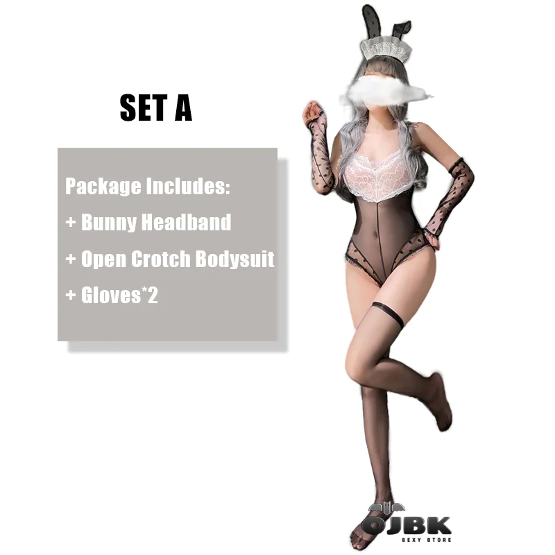 Billionm Sexy Cute Bodysuit Open Crotch Apparel Kawaii Bunny Girl Cosplay Costumes Headband Erotic Outfit For Women Maid Jumpsuit 2021