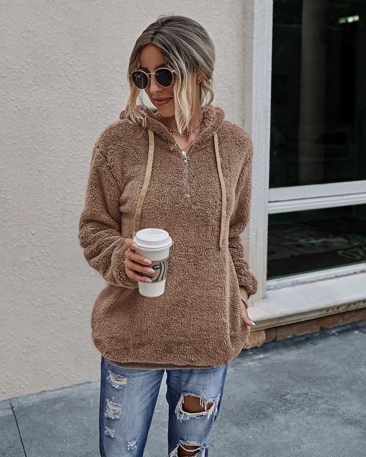 Women's Sweatshirt Fuzzy Comfy Drawstring Hooded Front Pocket Hoodie Sweatshirt