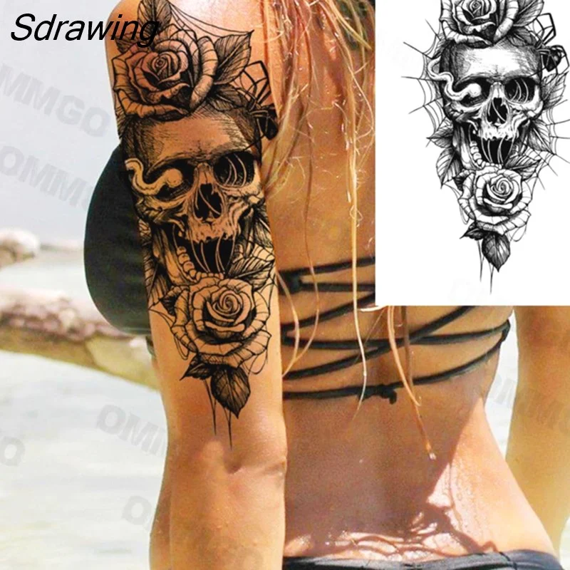 Sdrawing Rose Flower Skeleton Temporary Tattoos For Women Adult Girl Lion Tiger Crown Fake Tattoo Body Art Painting Tatoo Decal