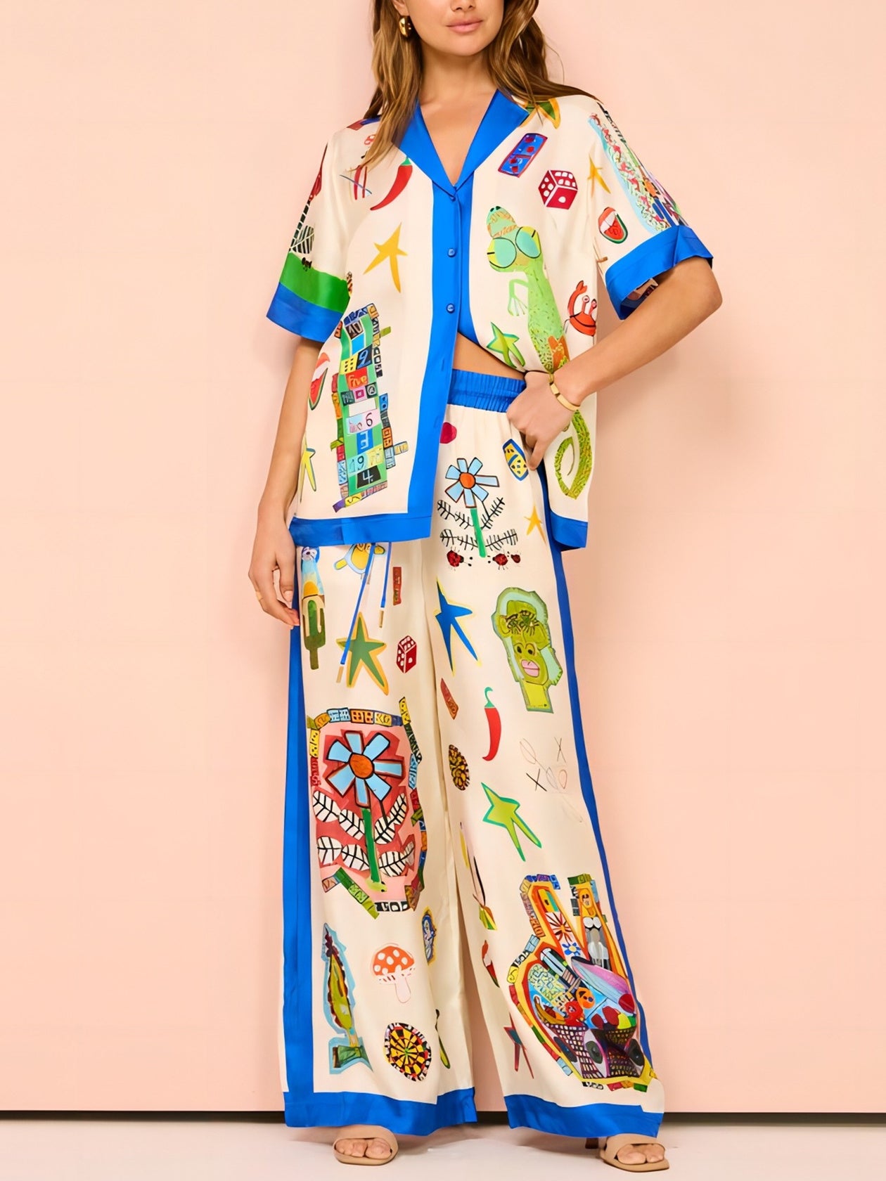 VIBRANT BEACH SATIN UNIQUE PRINT COLORBLOCK TRIM ELASTIC WAIST POCKETED WIDE LEG PANTS BUTTON DOWN OVERSIZED BLOUSE