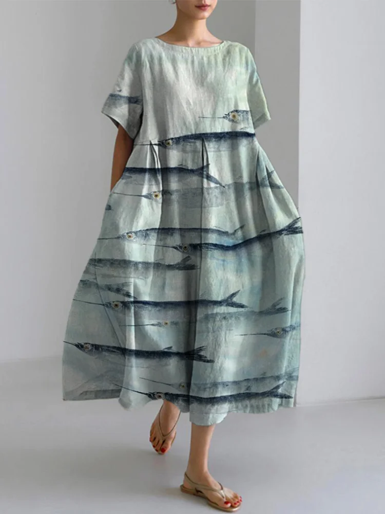 Comstylish Japanese Art Gyotaku Linen Blend Maxi Dress