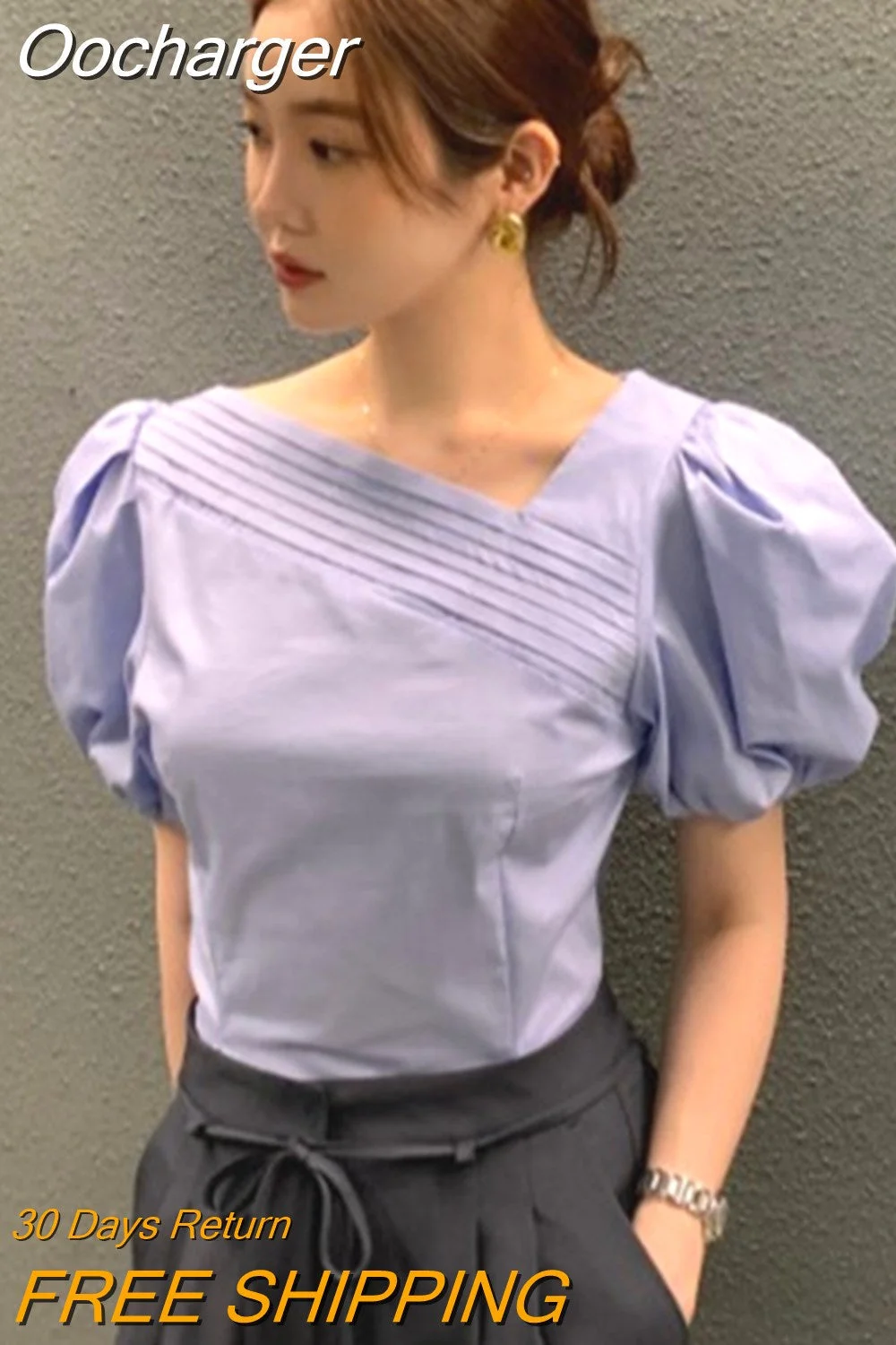 Oocharger Minimalism Skew Collar Women Shirts Puff Sleeve Spring Summer Elegant Blouses Vintage Korean Chic Blusas Mujer