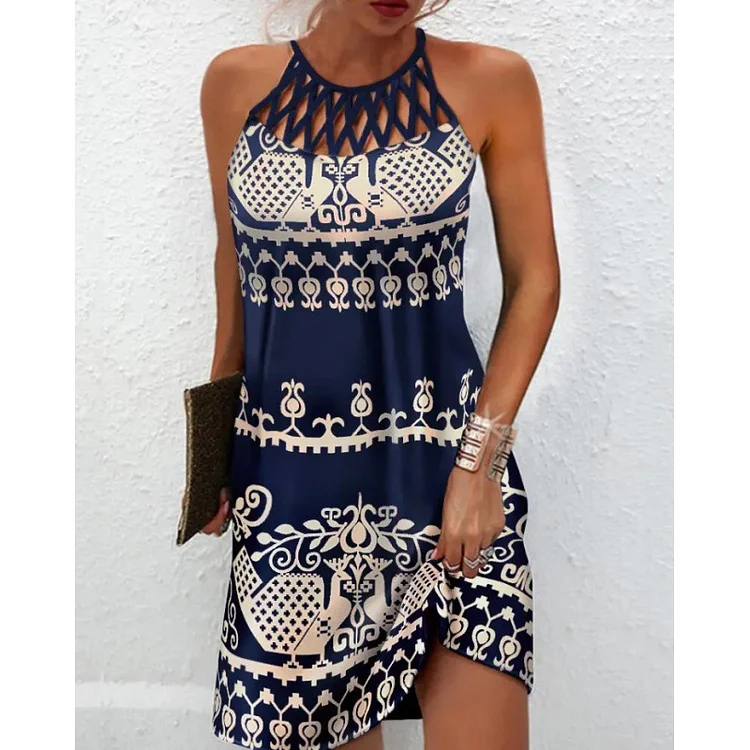 Hollow-out Halter Printed Tunic Dress VangoghDress