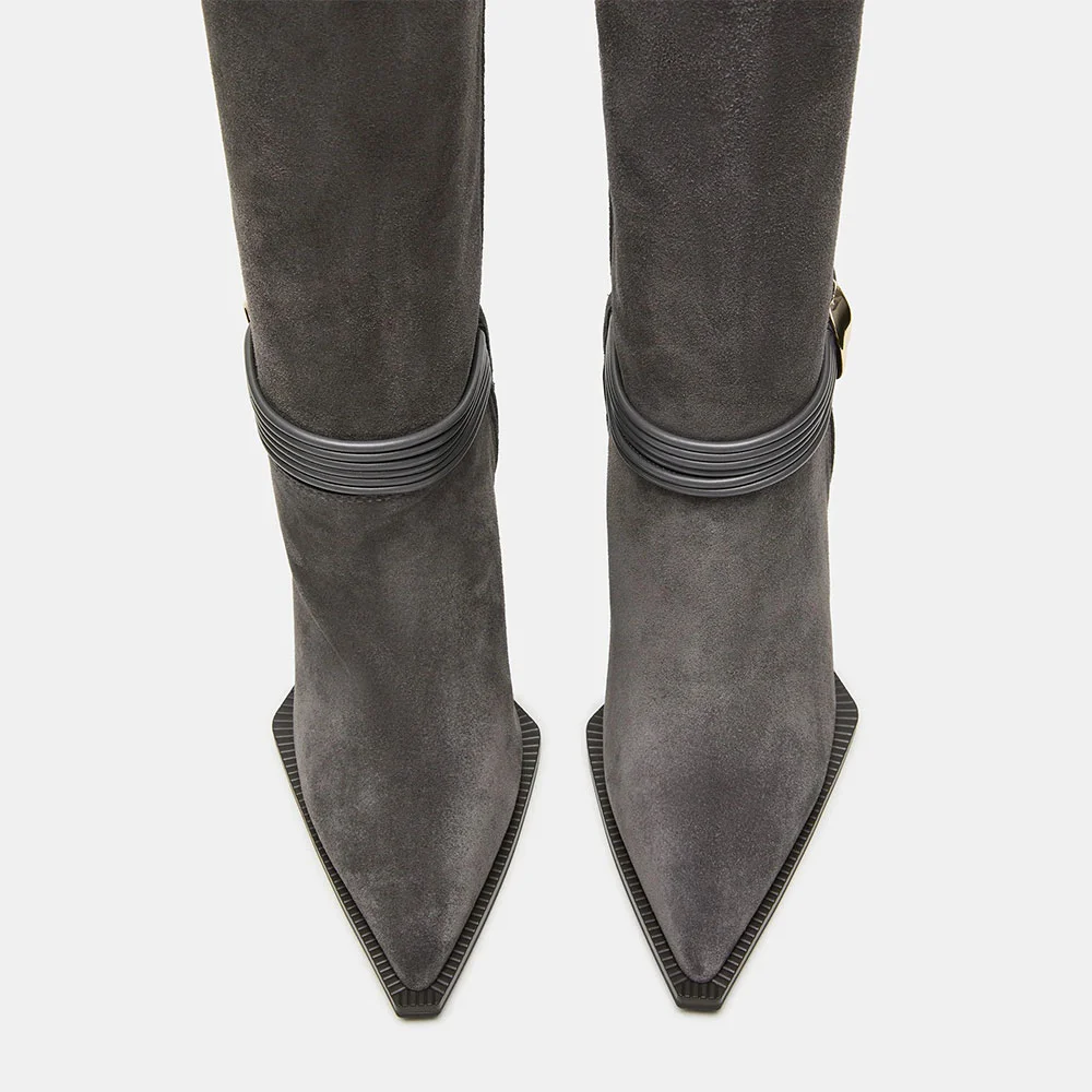 Gray Pointed Toe Patchwork Edge High Heel Western Boots for Women