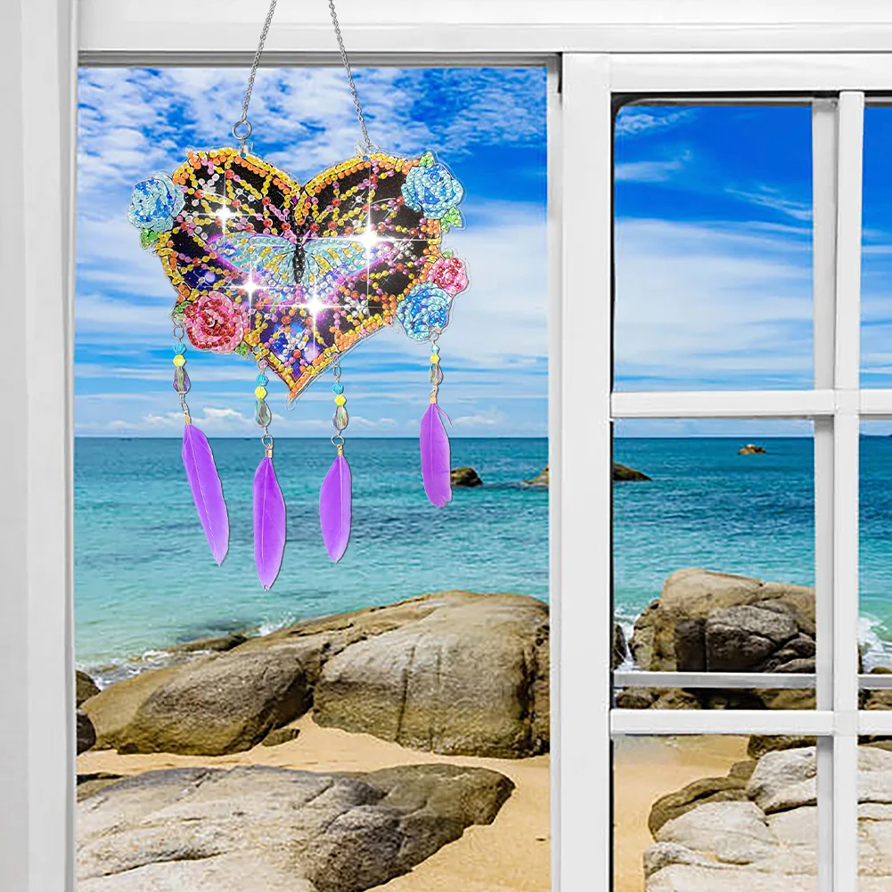 DIY Butterfly Flower Double Sided Feather Wind Chime Diamond Painting Hanging Pendant for Wall Decor