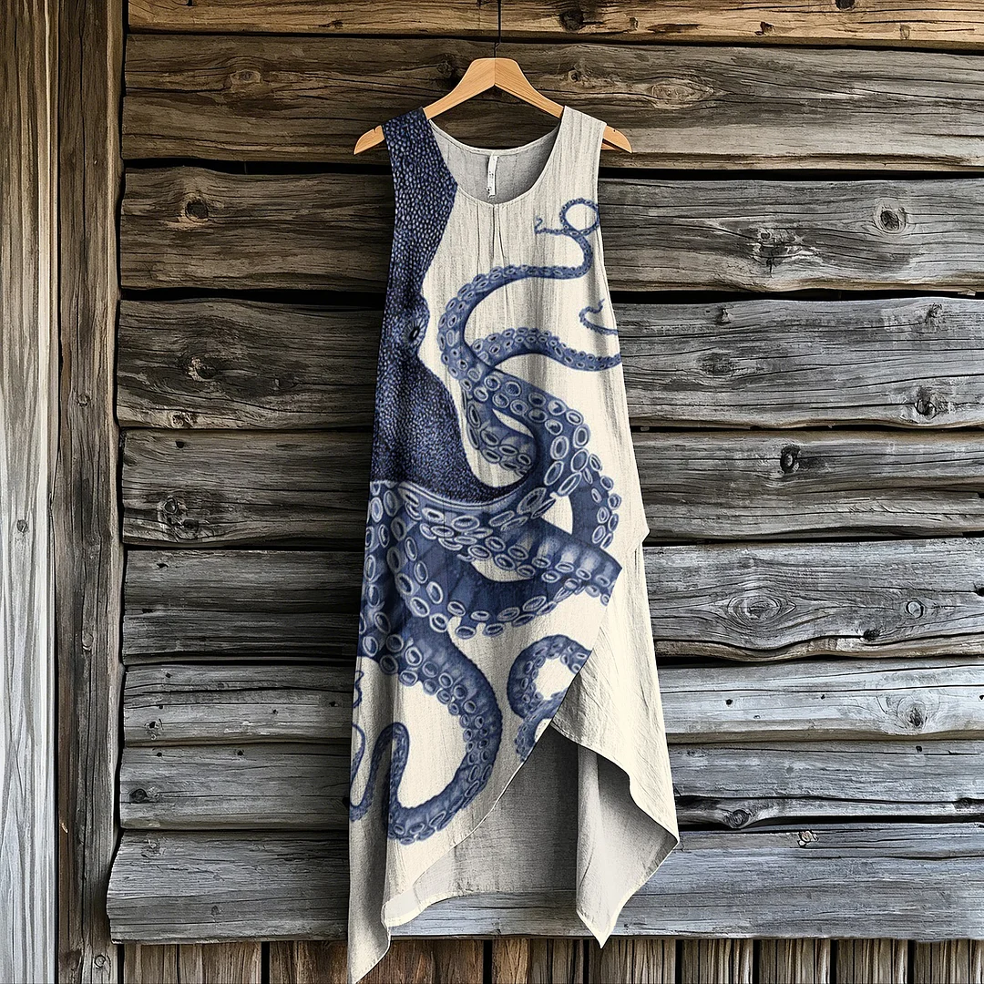 Women's Japanese Octopus Art Print Irregular Midi Dress