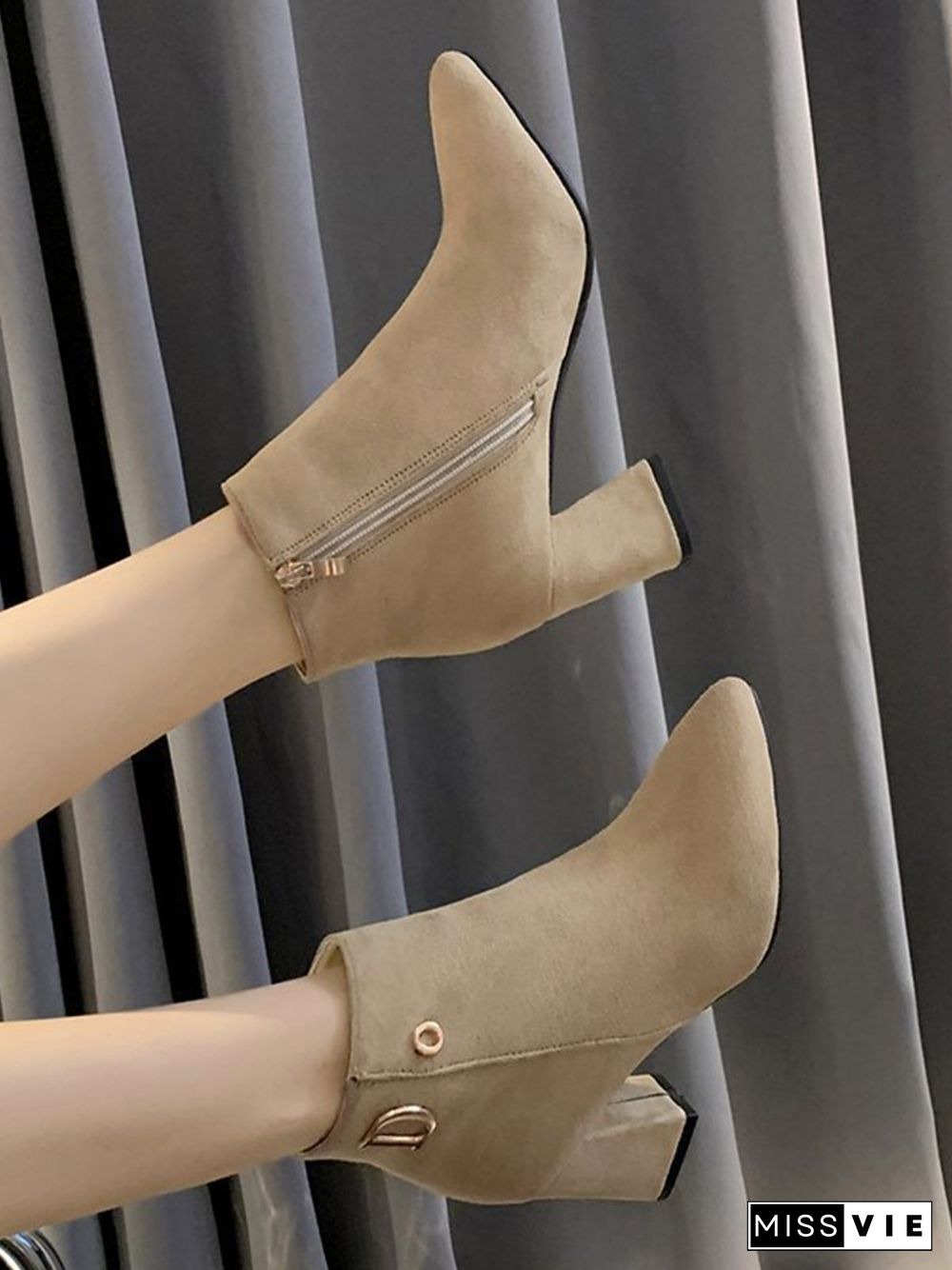 Side Zip Faux Suede Pointed Toe Chunky Heel Booties