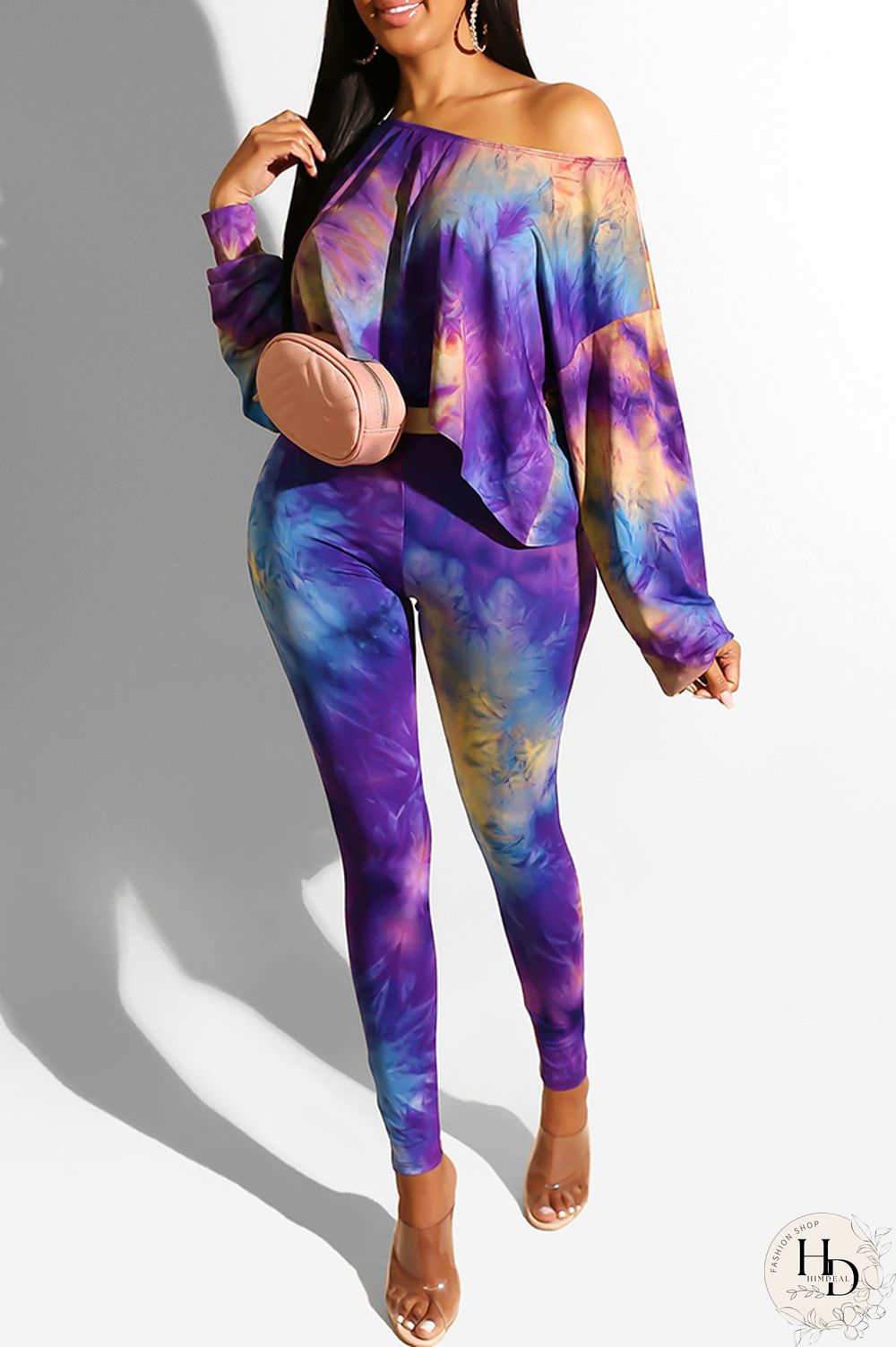 Green Fashion Casual Print Tie-dye Oblique Collar Long Sleeve Two Pieces