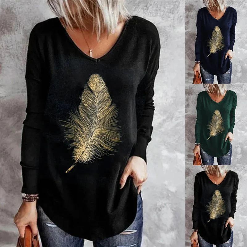 Uveng V-neck Leisure Long-sleeved Printed Women's T-shirt
