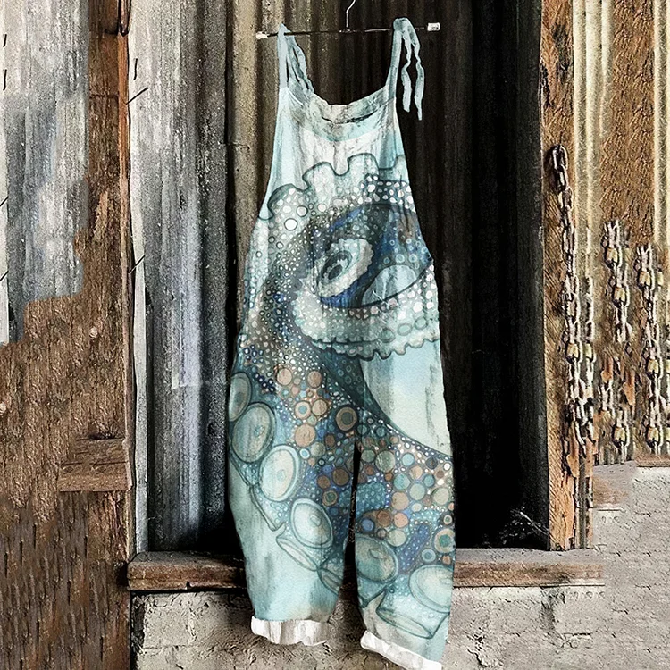 Japanese Art Octopus Ink Print Casual Loose Jumpsuit