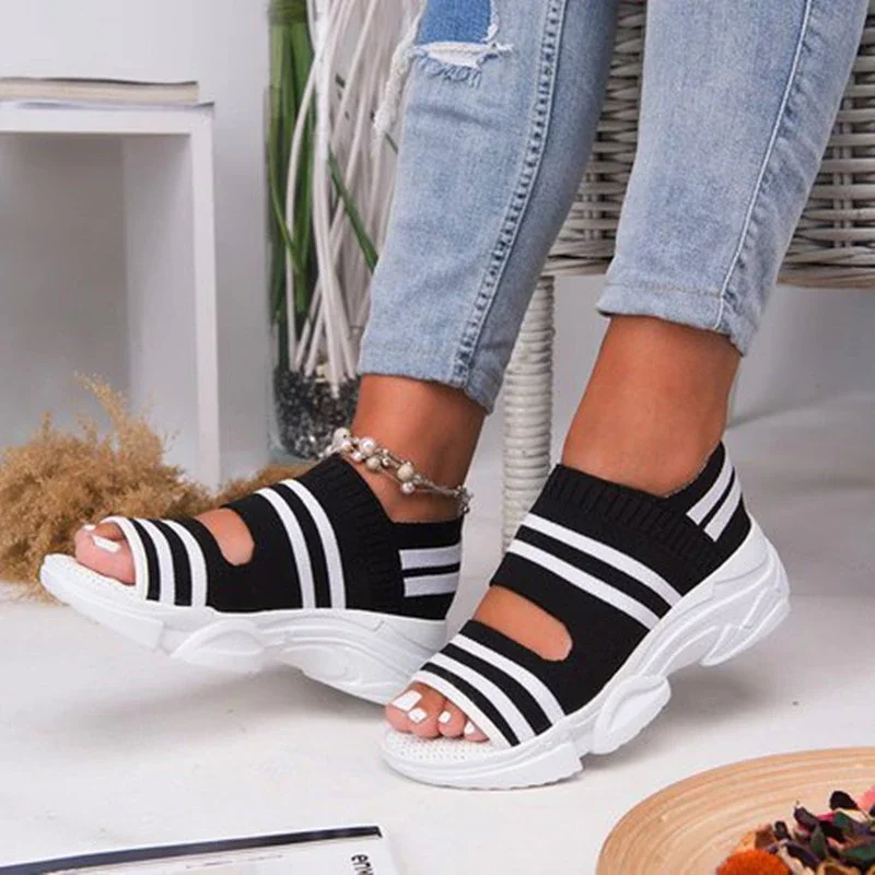 Qengg New Women Sandals 2022 High Heels Platform Women Shoes Summer Female flats Knitting Slip On Peep Toe casual Women Sandals