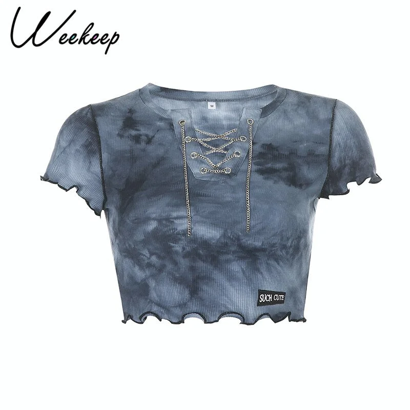 Weekeep Women White Short Sleeve T Shirt Cropped Embroidery O-Neck Knitted T-Shirt Summer Sexy Bodycon Crop Top