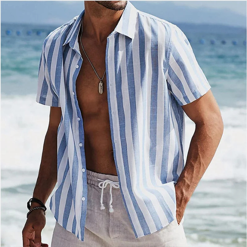  Striped Short-Sleeve Button-Up Shirt for Men - Perfect for Summer Beach Outings